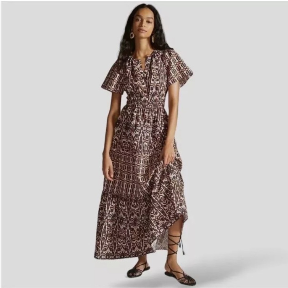 ANTHROPOLOGIE Maeve Somerset Dress Cotton Printed Pleated Maxi Dress SZ S Petite